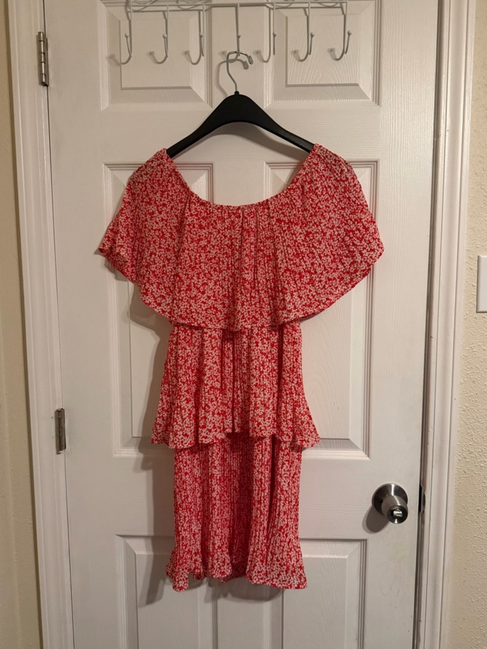 Red Floral Off-Shoulder Tiered Dress
